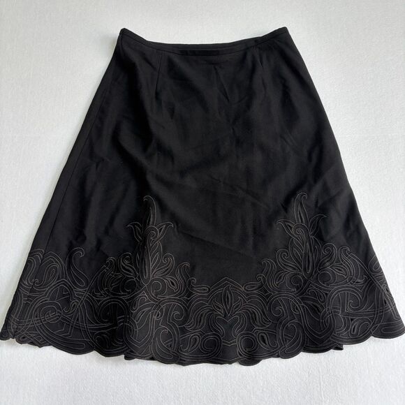 Talbots VTG Embroidered Wool Knee Length Skirt Women's 12 Black Scalloped Lined - Picture 1 of 6